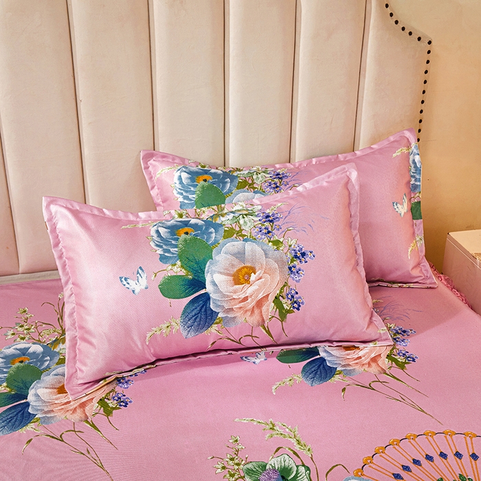 91家纺网 家纺一手货源 找家纺 妖妖家纺 2026新款双层蕾丝床裙夏凉冰丝席 满园粉