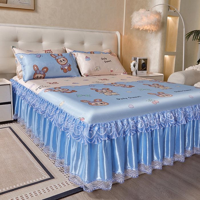 91家纺网 家纺一手货源 找家纺 妖妖家纺 2026新款双层蕾丝床裙夏凉冰丝席 拉布布蓝