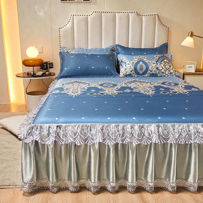 91家纺网 家纺一手货源 找家纺 妖妖家纺 2026新款双层蕾丝床裙夏凉冰丝席 欧式风情