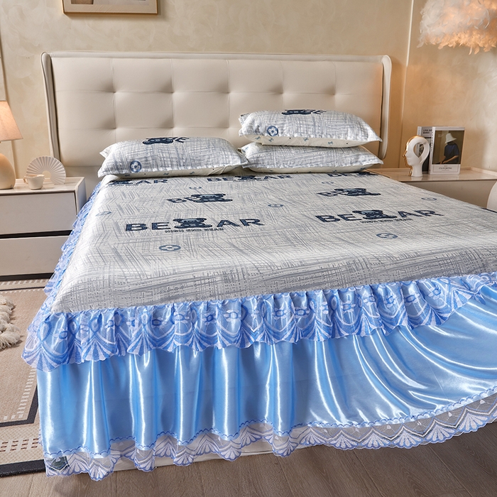 91家纺网 家纺一手货源 找家纺 妖妖家纺 2026新款双层蕾丝床裙夏凉冰丝席 暴力熊蓝