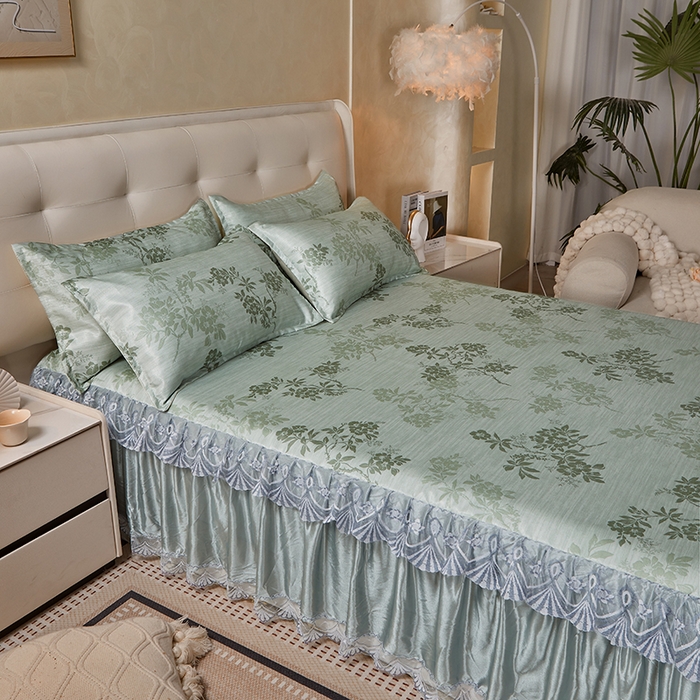 91家纺网 家纺一手货源 找家纺 妖妖家纺 2026新款双层蕾丝床裙夏凉冰丝席 烟雨绿