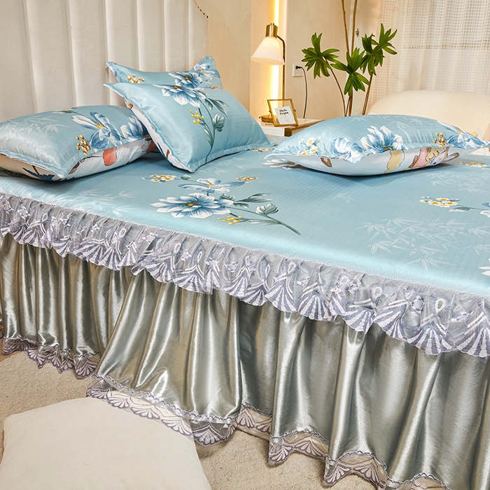 91家纺网 家纺一手货源 找家纺 妖妖家纺 2026新款双层蕾丝床裙夏凉冰丝席 锦绣风尚蓝