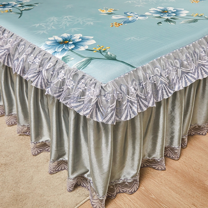 91家纺网 家纺一手货源 找家纺 妖妖家纺 2026新款双层蕾丝床裙夏凉冰丝席 锦绣风尚蓝