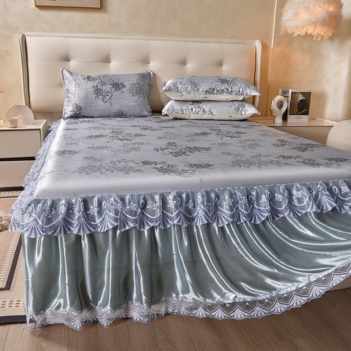 91家纺网 家纺一手货源 找家纺 妖妖家纺 2026新款双层蕾丝床裙夏凉冰丝席 烟雨灰