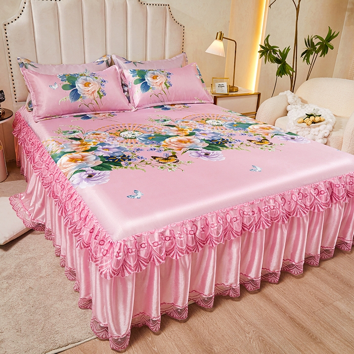 91家纺网 家纺一手货源 找家纺 妖妖家纺 2026新款双层蕾丝床裙夏凉冰丝席 满园粉