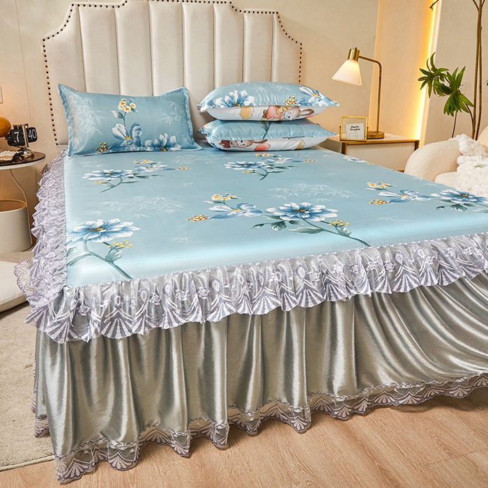 91家纺网 家纺一手货源 找家纺 妖妖家纺 2026新款双层蕾丝床裙夏凉冰丝席 锦绣风尚蓝