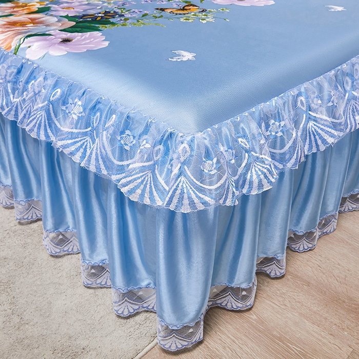 91家纺网 家纺一手货源 找家纺 妖妖家纺 2026新款双层蕾丝床裙夏凉冰丝席 满园蓝