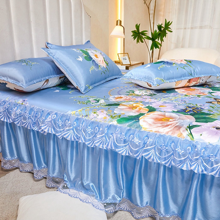 91家纺网 家纺一手货源 找家纺 妖妖家纺 2026新款双层蕾丝床裙夏凉冰丝席 满园蓝