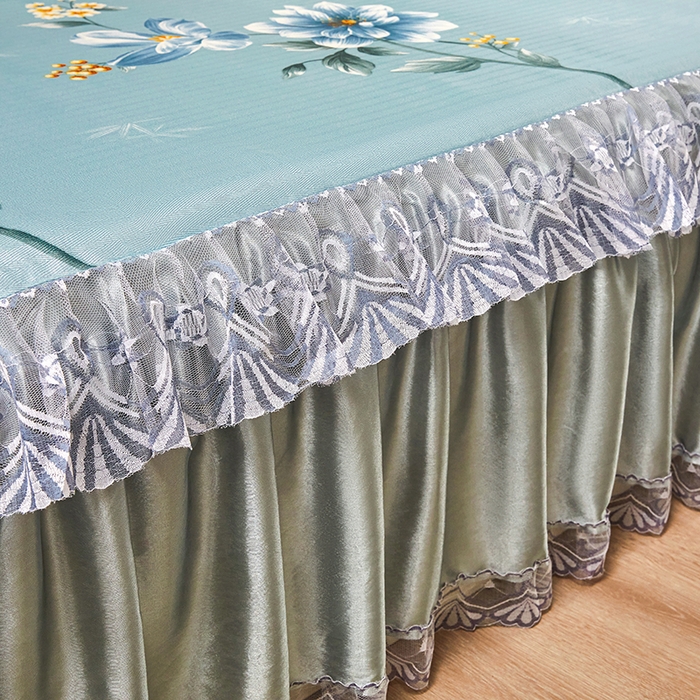 91家纺网 家纺一手货源 找家纺 妖妖家纺 2026新款双层蕾丝床裙夏凉冰丝席 锦绣风尚蓝