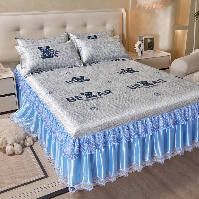 91家纺网 家纺一手货源 找家纺 妖妖家纺 2026新款双层蕾丝床裙夏凉冰丝席 暴力熊蓝