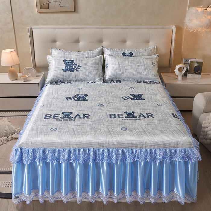 妖妖家纺 2026新款双层蕾丝床裙夏凉冰丝席 暴力熊蓝