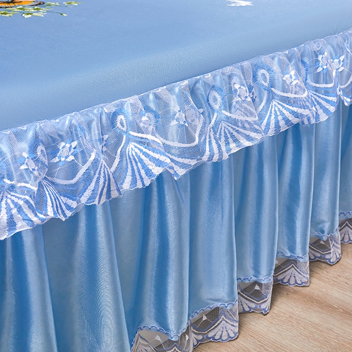 91家纺网 家纺一手货源 找家纺 妖妖家纺 2026新款双层蕾丝床裙夏凉冰丝席 满园蓝