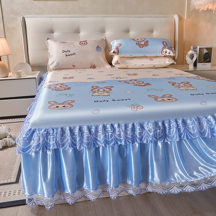 91家纺网 家纺一手货源 找家纺 妖妖家纺 2026新款双层蕾丝床裙夏凉冰丝席 拉布布蓝