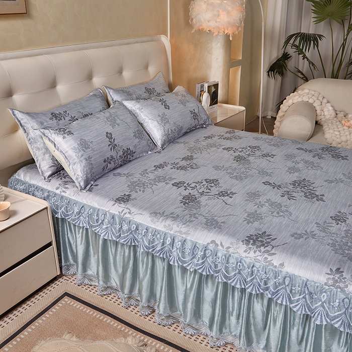 91家纺网 家纺一手货源 找家纺 妖妖家纺 2026新款双层蕾丝床裙夏凉冰丝席 烟雨灰