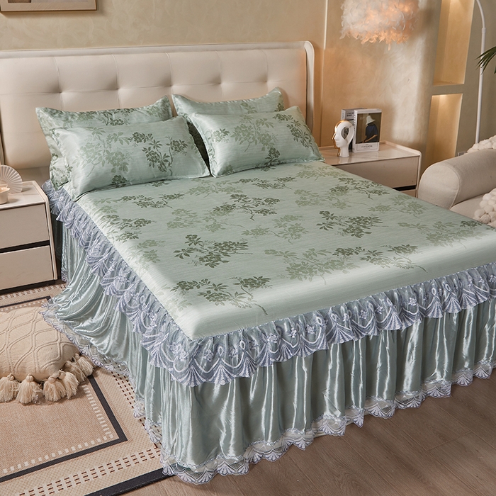 91家纺网 家纺一手货源 找家纺 妖妖家纺 2026新款双层蕾丝床裙夏凉冰丝席 烟雨绿