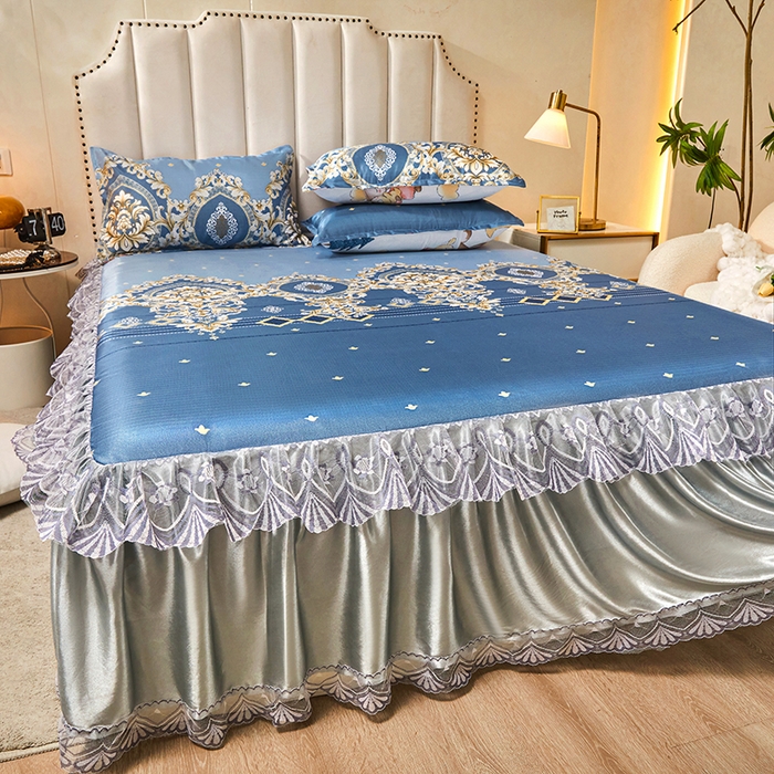 91家纺网 家纺一手货源 找家纺 妖妖家纺 2026新款双层蕾丝床裙夏凉冰丝席 欧式风情