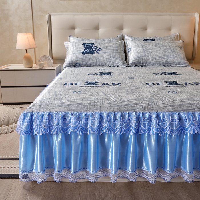 91家纺网 家纺一手货源 找家纺 妖妖家纺 2026新款双层蕾丝床裙夏凉冰丝席 暴力熊蓝