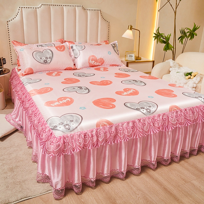 91家纺网 家纺一手货源 找家纺 妖妖家纺 2026新款双层蕾丝床裙夏凉冰丝席 心动粉