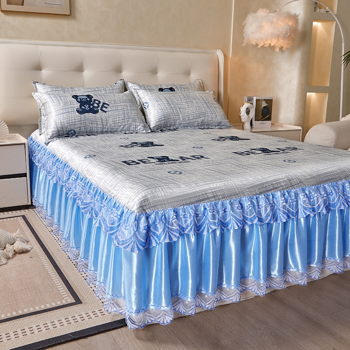 91家纺网 家纺一手货源 找家纺 妖妖家纺 2026新款双层蕾丝床裙夏凉冰丝席 暴力熊蓝