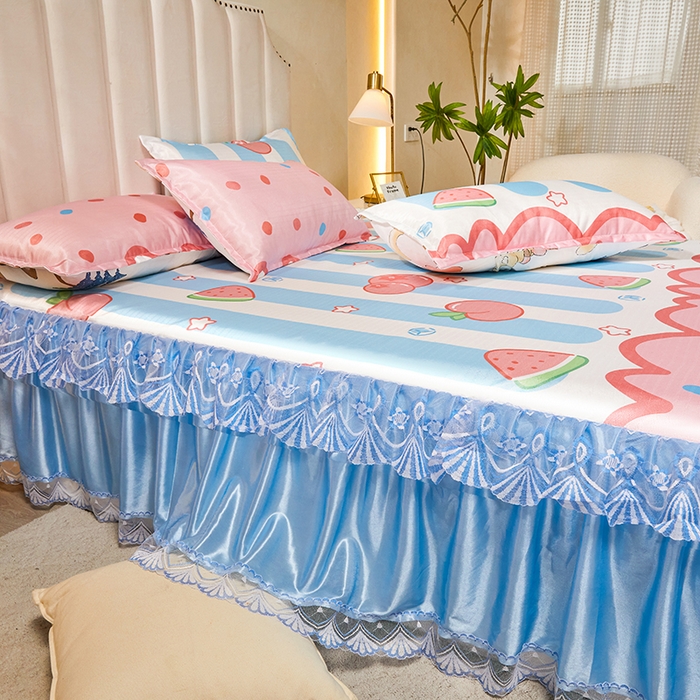 91家纺网 家纺一手货源 找家纺 妖妖家纺 2026新款双层蕾丝床裙夏凉冰丝席 水果派对