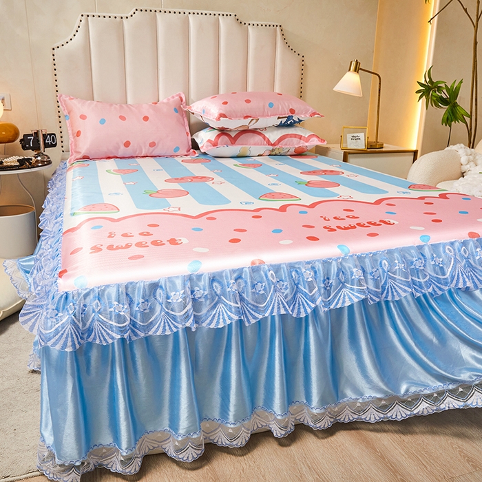 91家纺网 家纺一手货源 找家纺 妖妖家纺 2026新款双层蕾丝床裙夏凉冰丝席 水果派对