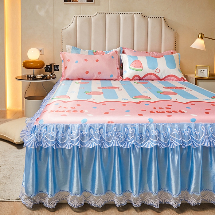 91家纺网 家纺一手货源 找家纺 妖妖家纺 2026新款双层蕾丝床裙夏凉冰丝席 水果派对