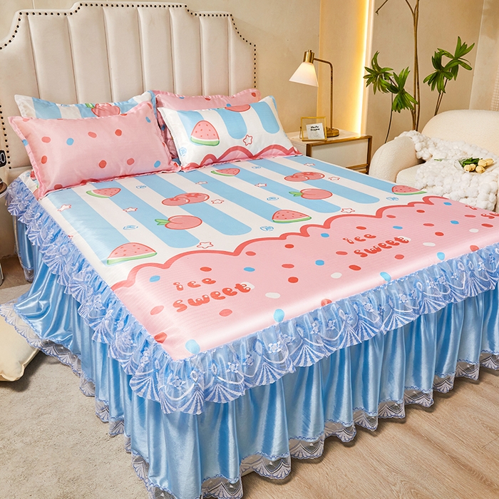 91家纺网 家纺一手货源 找家纺 妖妖家纺 2026新款双层蕾丝床裙夏凉冰丝席 水果派对