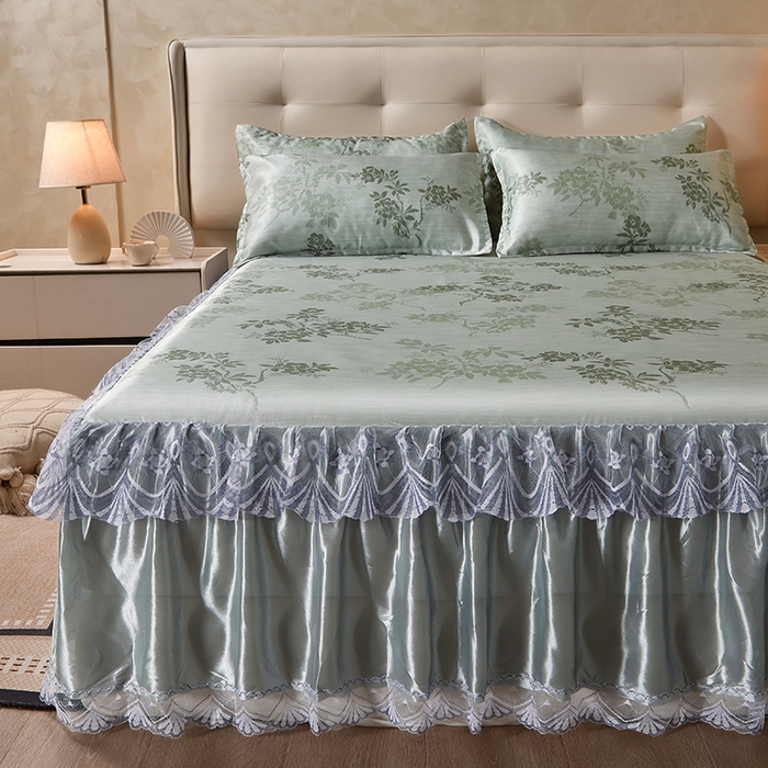 91家纺网 家纺一手货源 找家纺 妖妖家纺 2026新款双层蕾丝床裙夏凉冰丝席 烟雨绿