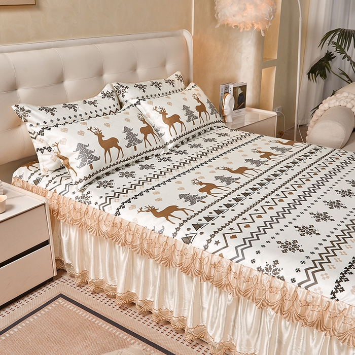 91家纺网 家纺一手货源 找家纺 妖妖家纺 2026新款双层蕾丝床裙夏凉冰丝席 似水流年咖