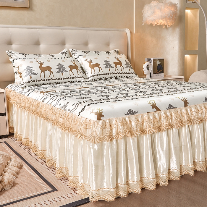 91家纺网 家纺一手货源 找家纺 妖妖家纺 2026新款双层蕾丝床裙夏凉冰丝席 似水流年咖