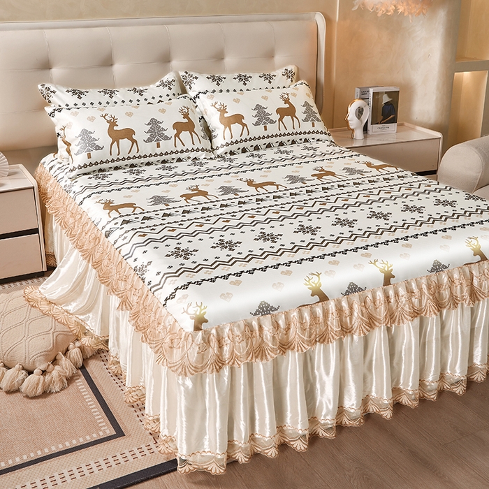 91家纺网 家纺一手货源 找家纺 妖妖家纺 2026新款双层蕾丝床裙夏凉冰丝席 似水流年咖