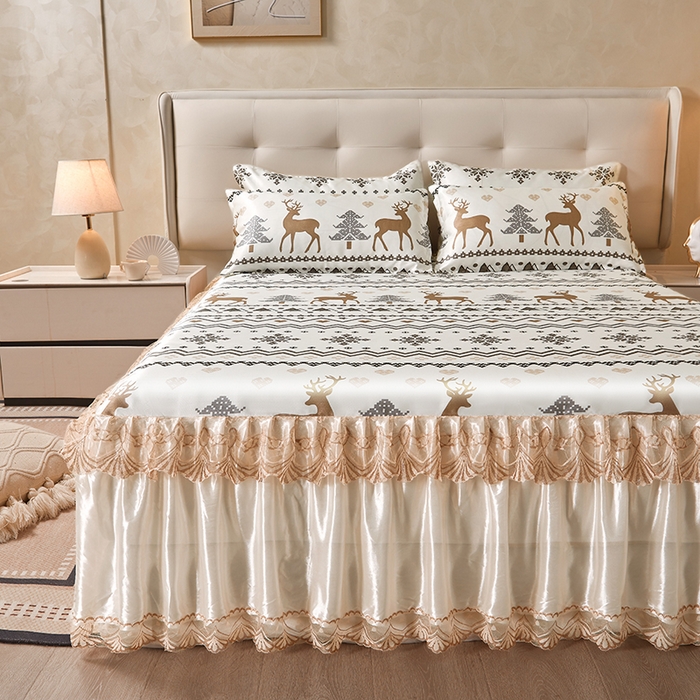 91家纺网 家纺一手货源 找家纺 妖妖家纺 2026新款双层蕾丝床裙夏凉冰丝席 似水流年咖