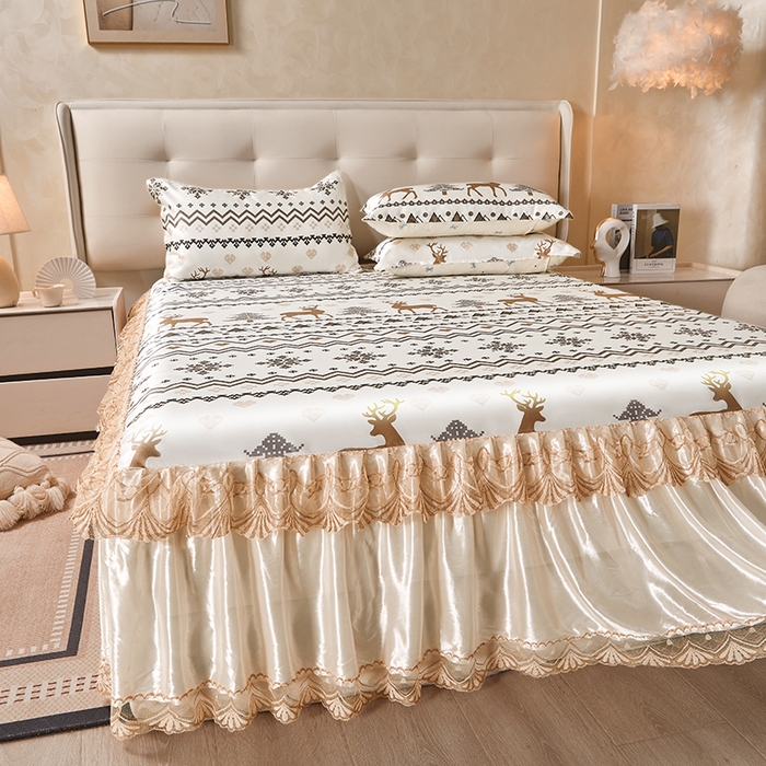 91家纺网 家纺一手货源 找家纺 妖妖家纺 2026新款双层蕾丝床裙夏凉冰丝席 似水流年咖