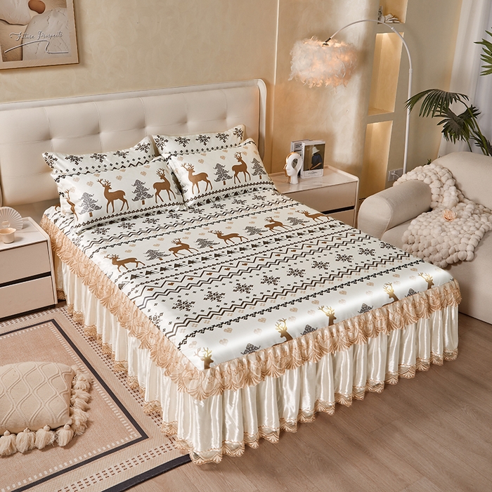 91家纺网 家纺一手货源 找家纺 妖妖家纺 2026新款双层蕾丝床裙夏凉冰丝席 似水流年咖