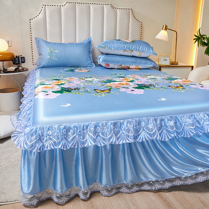 91家纺网 家纺一手货源 找家纺 妖妖家纺 2026新款双层蕾丝床裙夏凉冰丝席 满园蓝