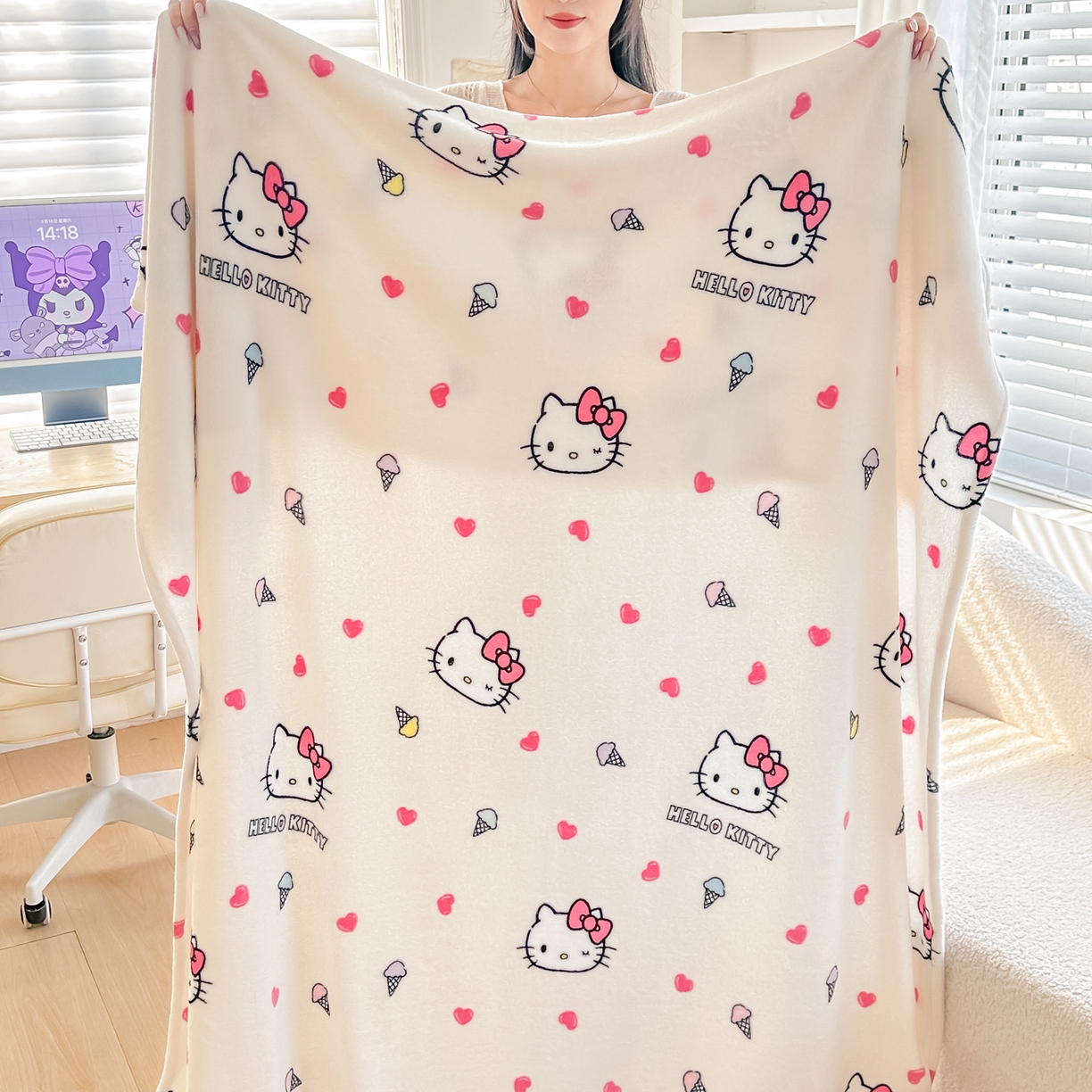 91家纺网 家纺一手货源 找家纺 博雅 2026新款三丽鸥小版牛奶绒盖毯午睡毯 小版-甜筒KT