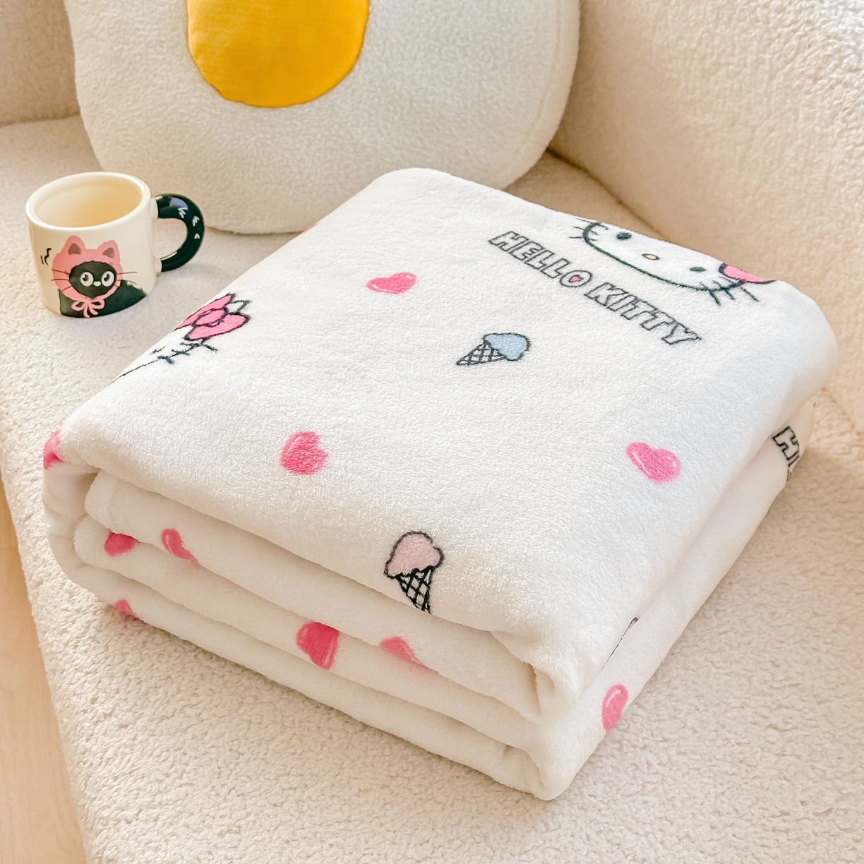 91家纺网 家纺一手货源 找家纺 博雅 2026新款三丽鸥小版牛奶绒盖毯午睡毯 小版-甜筒KT
