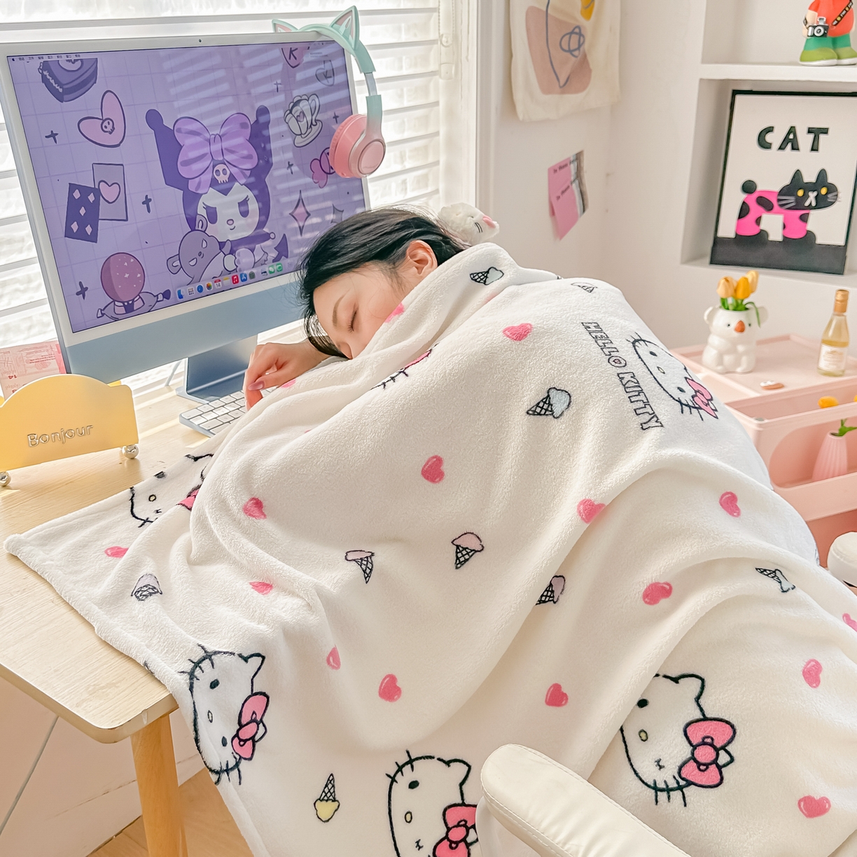 91家纺网 家纺一手货源 找家纺 博雅 2026新款三丽鸥小版牛奶绒盖毯午睡毯 小版-甜筒KT