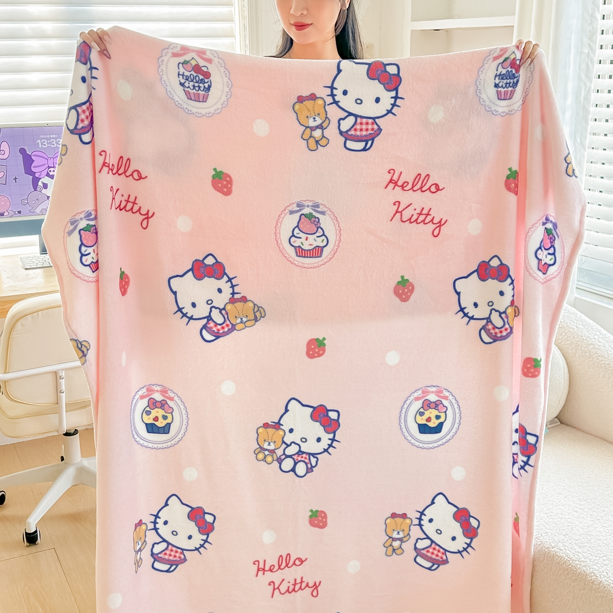 91家纺网 家纺一手货源 找家纺 博雅 2026新款三丽鸥小版牛奶绒盖毯午睡毯 小版-草莓蛋糕KT