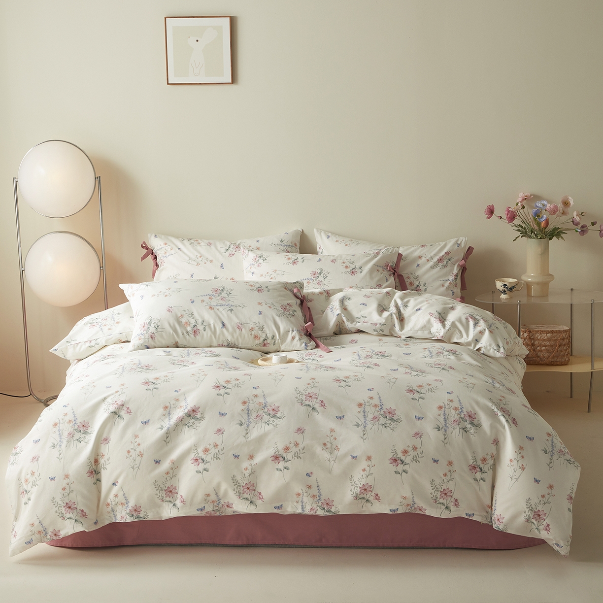 绫韵家纺 2026新款春夏13372全棉蝴蝶结四件套系列 桃花源