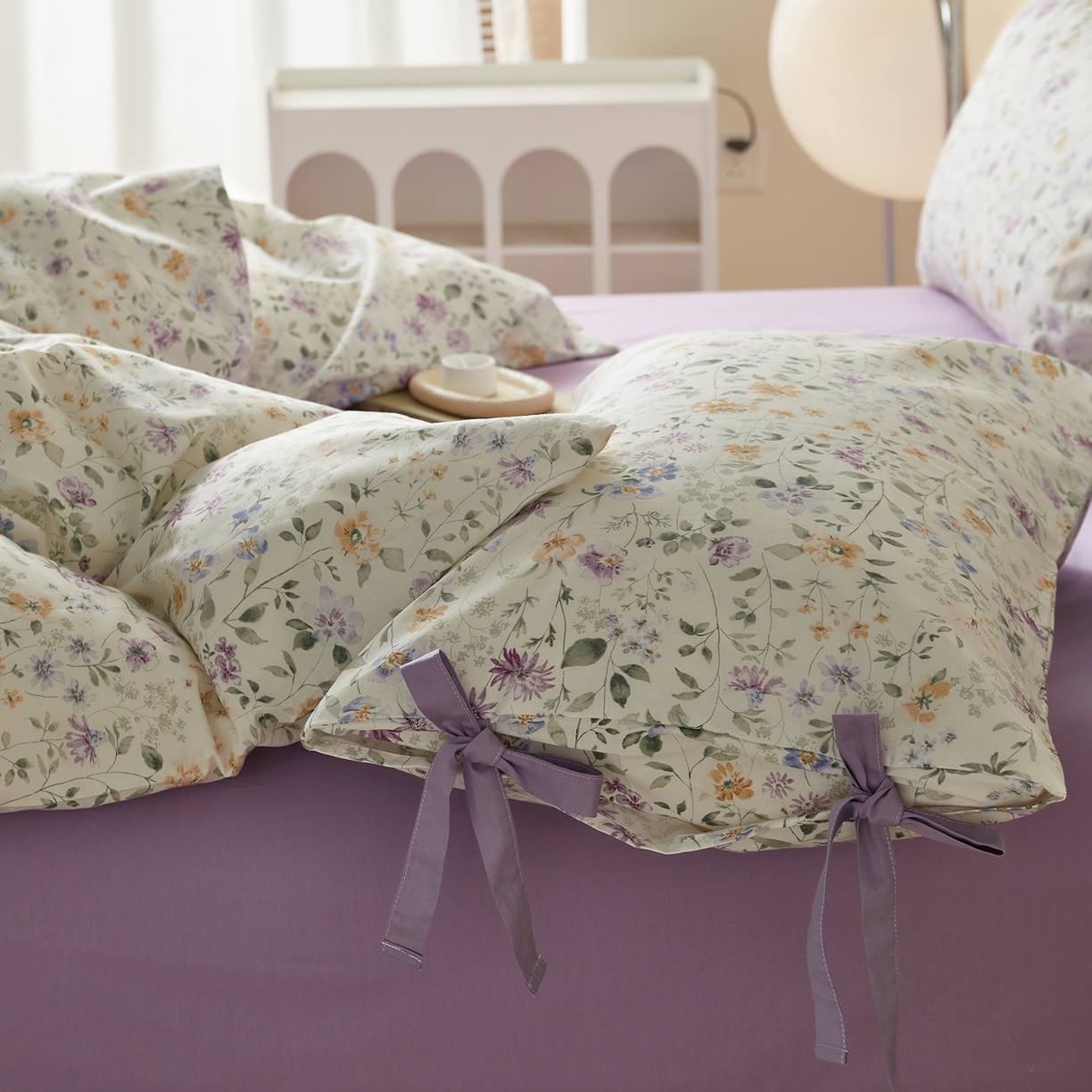 91家纺网 家纺一手货源 找家纺 绫韵家纺 2026新款春夏13372全棉蝴蝶结四件套系列 紫霞