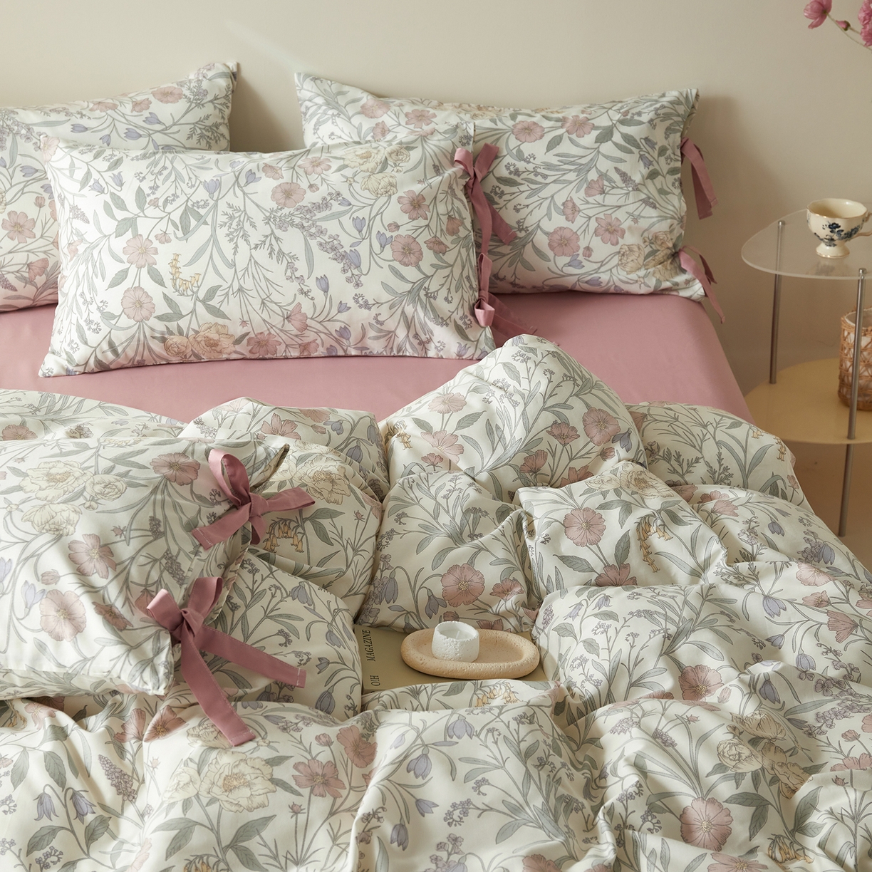 91家纺网 家纺一手货源 找家纺 绫韵家纺 2026新款春夏13372全棉蝴蝶结四件套系列 花样春光