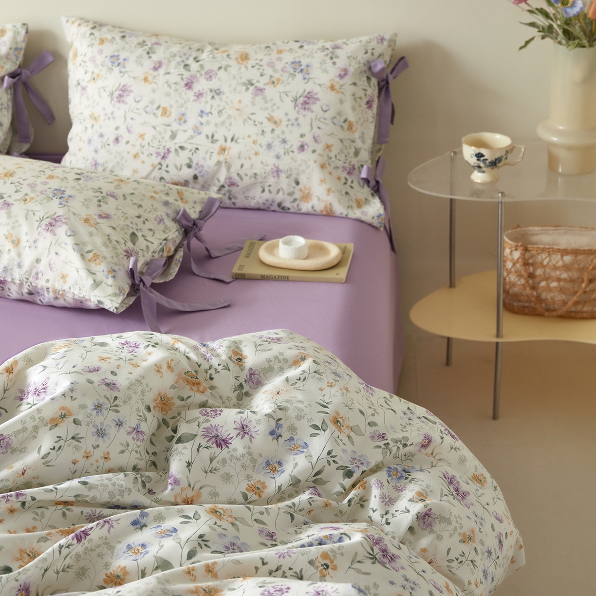 91家纺网 家纺一手货源 找家纺 绫韵家纺 2026新款春夏13372全棉蝴蝶结四件套系列 紫霞