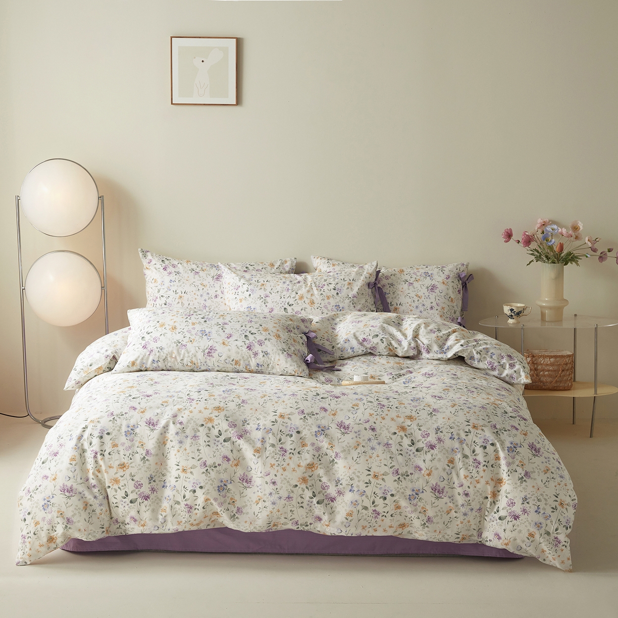 绫韵家纺 2026新款春夏13372全棉蝴蝶结四件套系列 紫霞