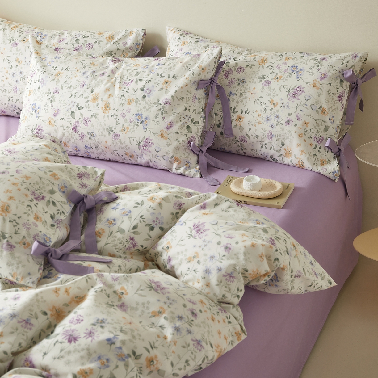 91家纺网 家纺一手货源 找家纺 绫韵家纺 2026新款春夏13372全棉蝴蝶结四件套系列 紫霞