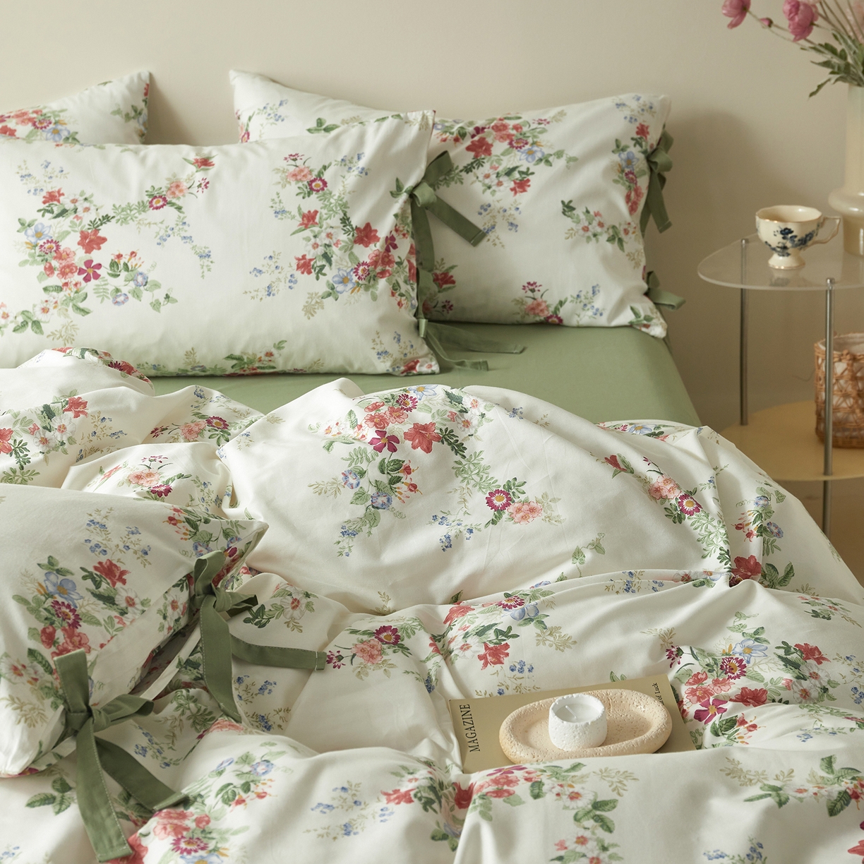 91家纺网 家纺一手货源 找家纺 绫韵家纺 2026新款春夏13372全棉蝴蝶结四件套系列 火花