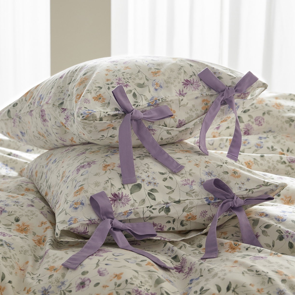 91家纺网 家纺一手货源 找家纺 绫韵家纺 2026新款春夏13372全棉蝴蝶结四件套系列 紫霞