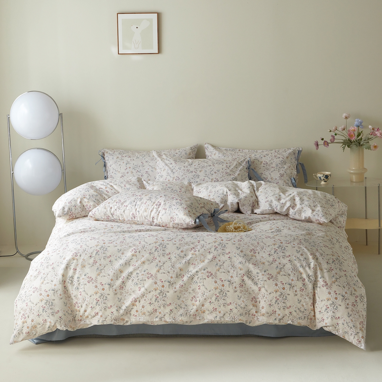 绫韵家纺 2026新款春夏13372全棉蝴蝶结四件套系列 花田喜事