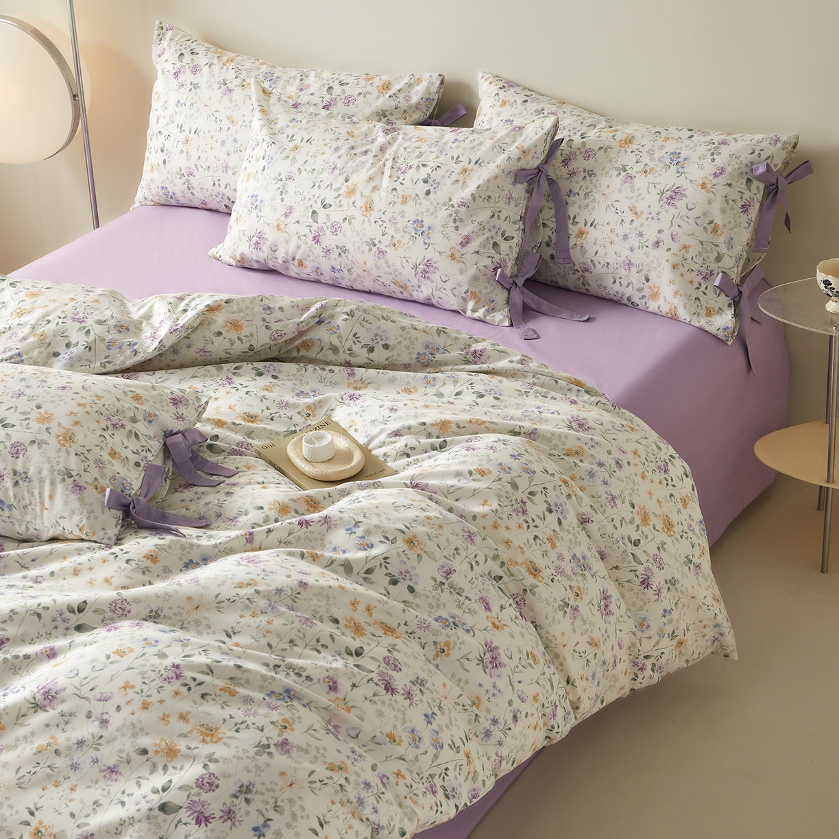 91家纺网 家纺一手货源 找家纺 绫韵家纺 2026新款春夏13372全棉蝴蝶结四件套系列 紫霞