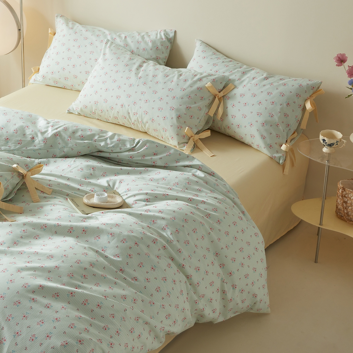 91家纺网 家纺一手货源 找家纺 绫韵家纺 2026新款春夏13372全棉蝴蝶结四件套系列 香山雪